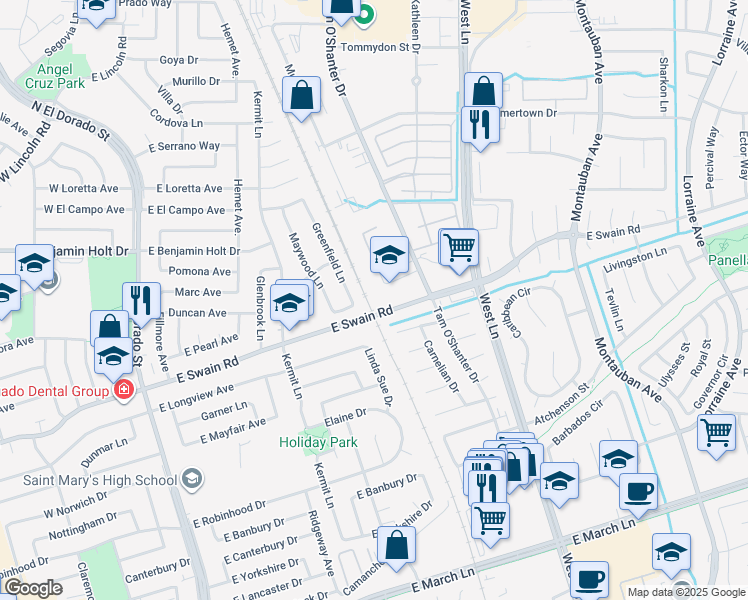 map of restaurants, bars, coffee shops, grocery stores, and more near 6119 Danny Drive in Stockton