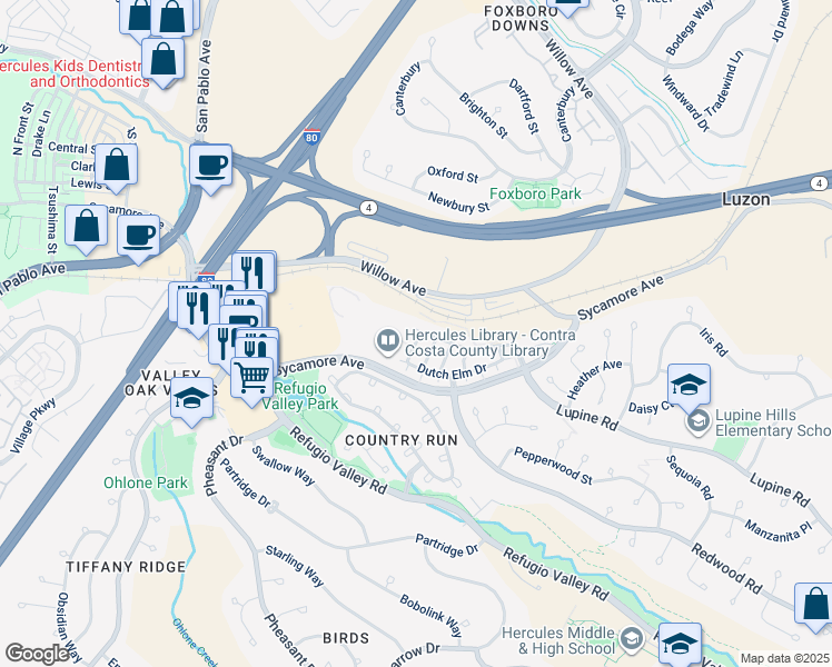 map of restaurants, bars, coffee shops, grocery stores, and more near 542 Silver Maple Drive in Hercules