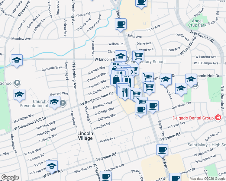 map of restaurants, bars, coffee shops, grocery stores, and more near 1005 West Benjamin Holt Drive in Stockton