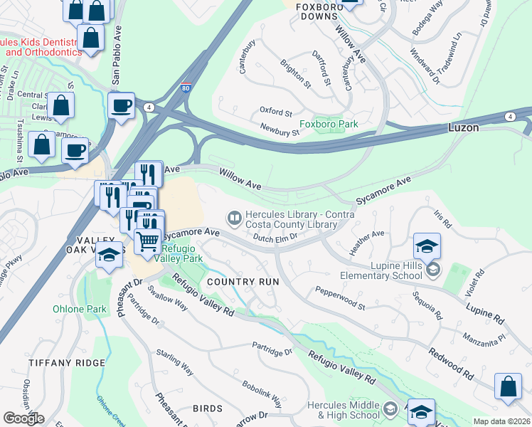 map of restaurants, bars, coffee shops, grocery stores, and more near 584 Silver Maple Drive in Hercules