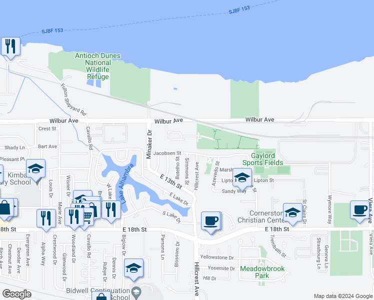 map of restaurants, bars, coffee shops, grocery stores, and more near 1213 Jacobsen Street in Antioch