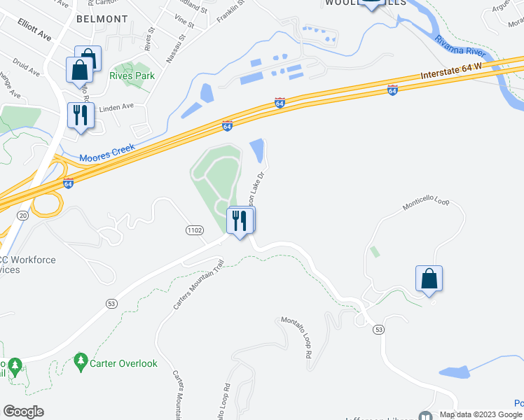 map of restaurants, bars, coffee shops, grocery stores, and more near 943 Jefferson Lake Drive in Charlottesville