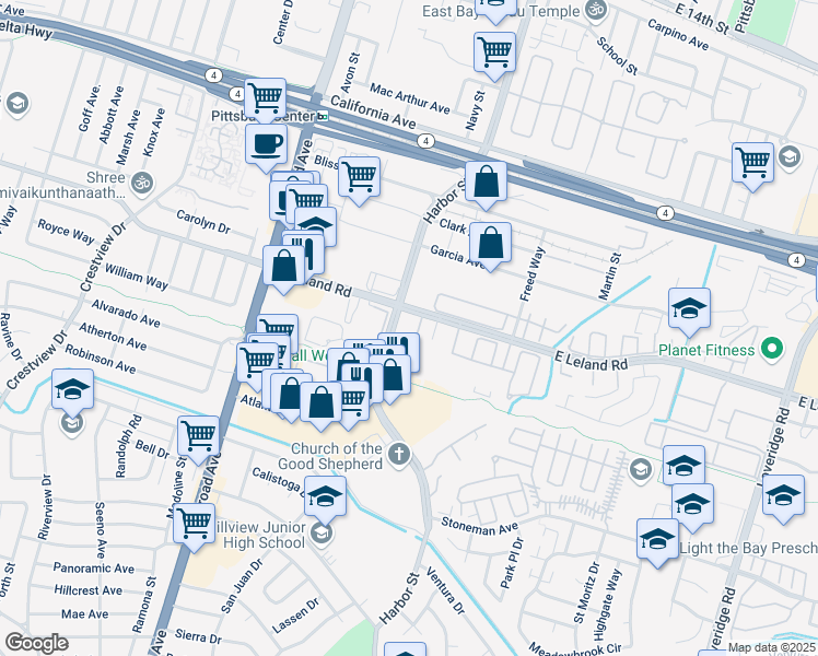 map of restaurants, bars, coffee shops, grocery stores, and more near 10 Leland Lane in Pittsburg