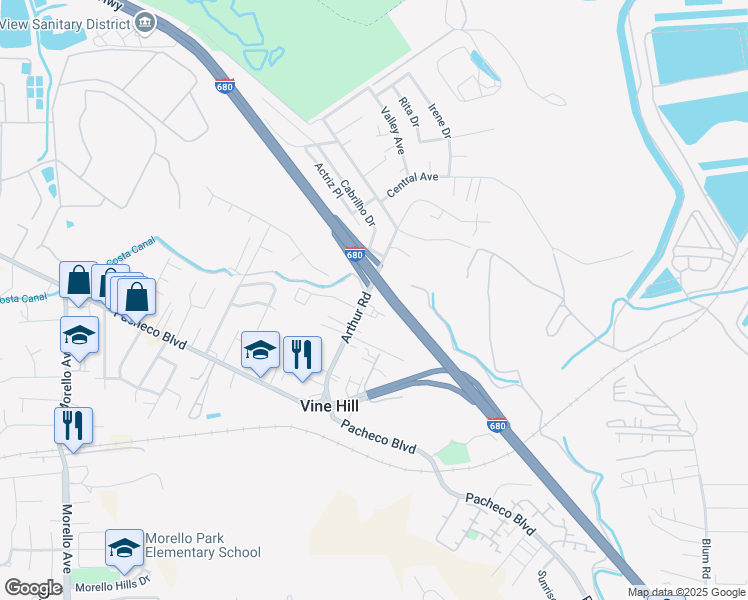 map of restaurants, bars, coffee shops, grocery stores, and more near Senator Daniel E. Boatwright Hwy in Martinez