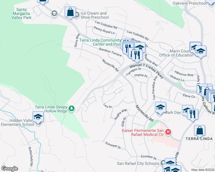 map of restaurants, bars, coffee shops, grocery stores, and more near 9 Surrey Lane in San Rafael
