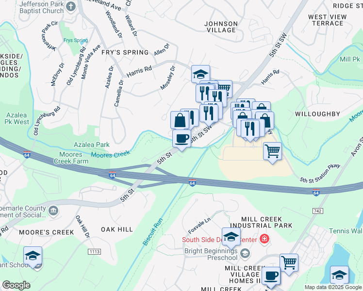 map of restaurants, bars, coffee shops, grocery stores, and more near 601 5th Street Southwest in Charlottesville