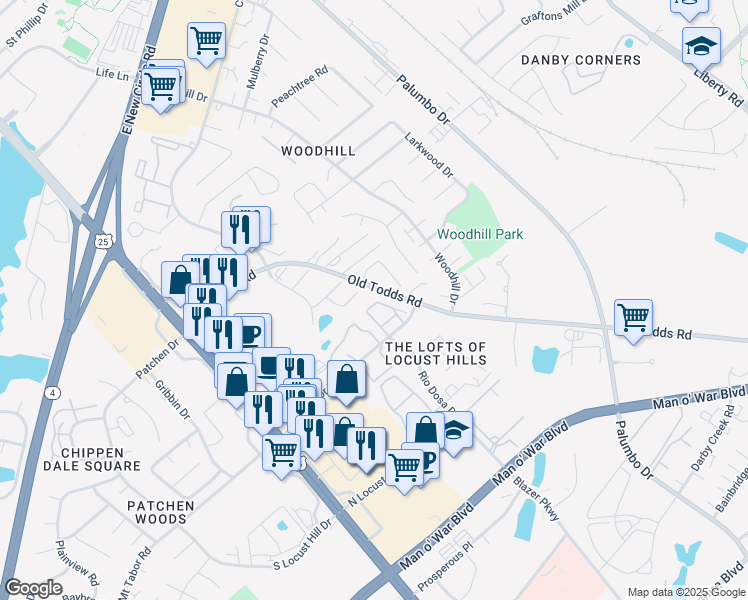 map of restaurants, bars, coffee shops, grocery stores, and more near 2824 Ryan Circle in Lexington