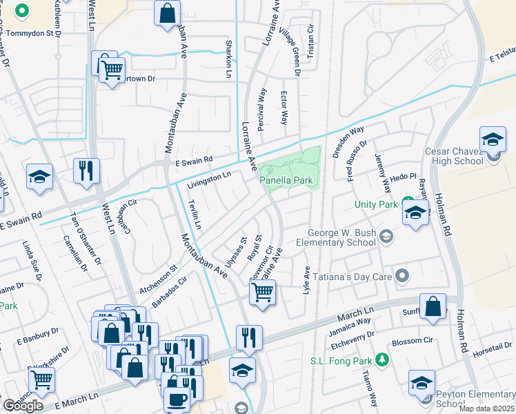 map of restaurants, bars, coffee shops, grocery stores, and more near 5505 Governor Circle in Stockton