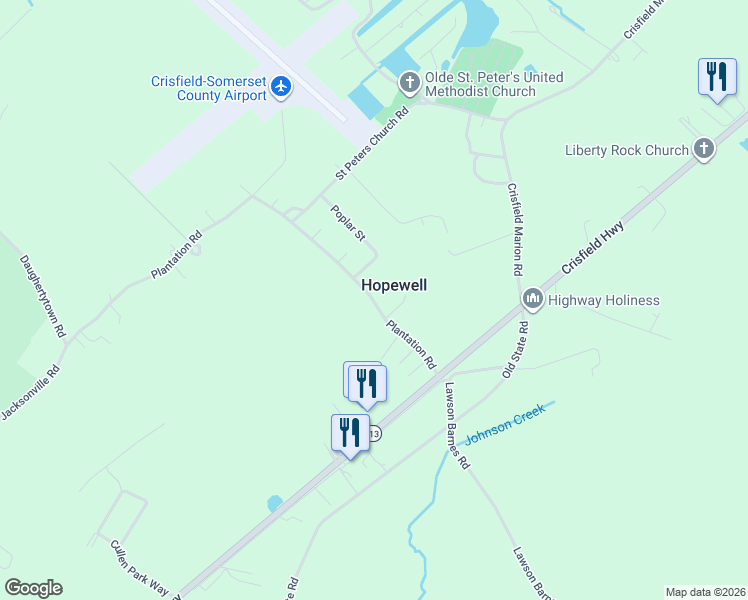 map of restaurants, bars, coffee shops, grocery stores, and more near 26950 Plantation Road in Crisfield