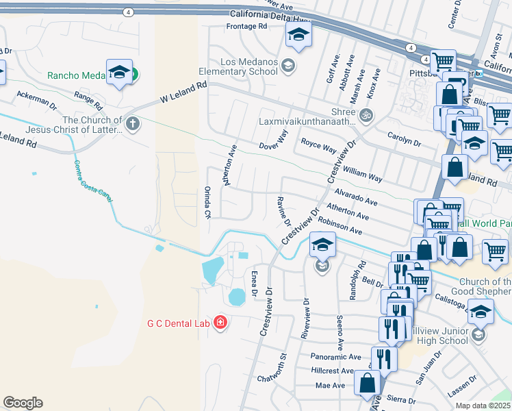 map of restaurants, bars, coffee shops, grocery stores, and more near 7 Orinda Lane in Pittsburg