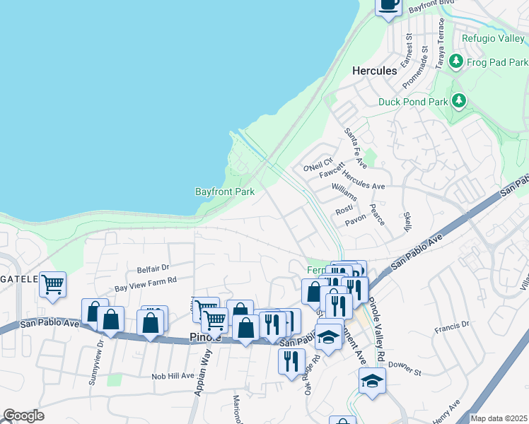 map of restaurants, bars, coffee shops, grocery stores, and more near 2292 Orleans Drive in Pinole