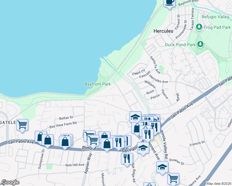 map of restaurants, bars, coffee shops, grocery stores, and more near 2292 Orleans Drive in Pinole