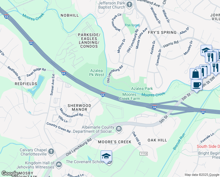 map of restaurants, bars, coffee shops, grocery stores, and more near 410 Old Lynchburg Road in Charlottesville