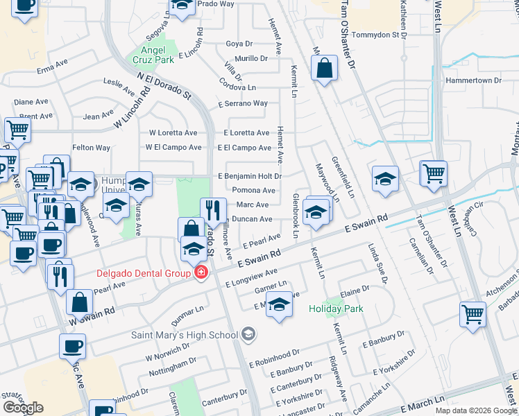 map of restaurants, bars, coffee shops, grocery stores, and more near 322 Marc Avenue in Stockton