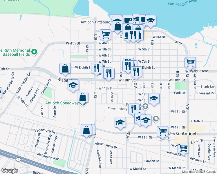 map of restaurants, bars, coffee shops, grocery stores, and more near 832 West 11th Street in Antioch