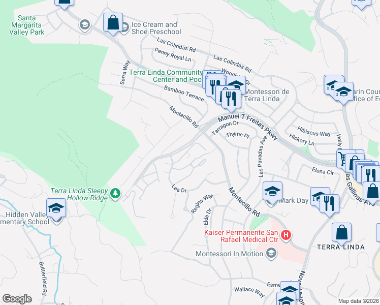map of restaurants, bars, coffee shops, grocery stores, and more near 104 Surrey Lane in San Rafael
