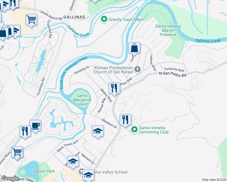 map of restaurants, bars, coffee shops, grocery stores, and more near Birch Way in San Rafael