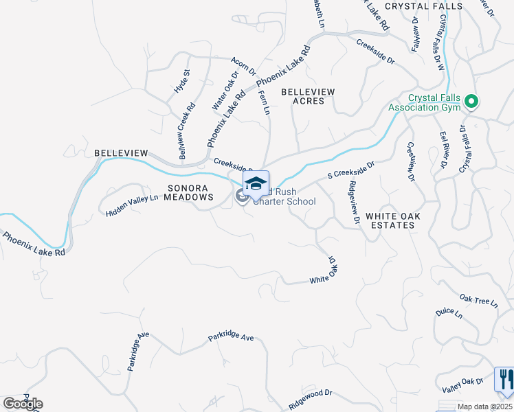 map of restaurants, bars, coffee shops, grocery stores, and more near 16331 Hidden Valley Road in Sonora