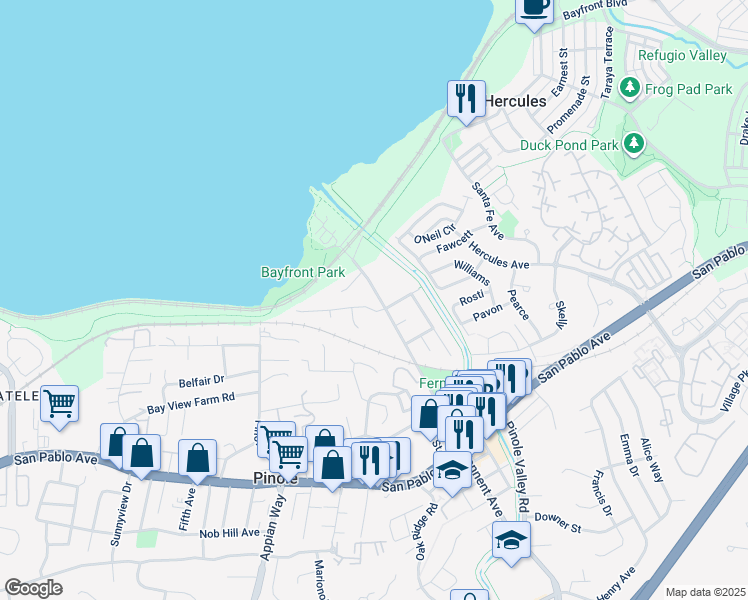 map of restaurants, bars, coffee shops, grocery stores, and more near 230 Tennent Avenue in Pinole