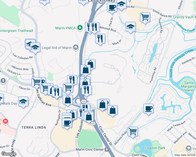 map of restaurants, bars, coffee shops, grocery stores, and more near 55 Professional Center Parkway in San Rafael