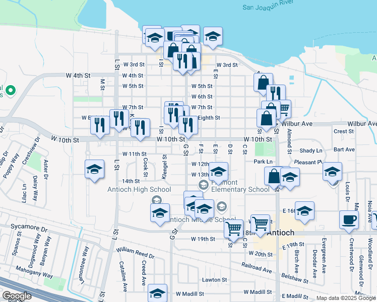 map of restaurants, bars, coffee shops, grocery stores, and more near 1017 G Street in Antioch