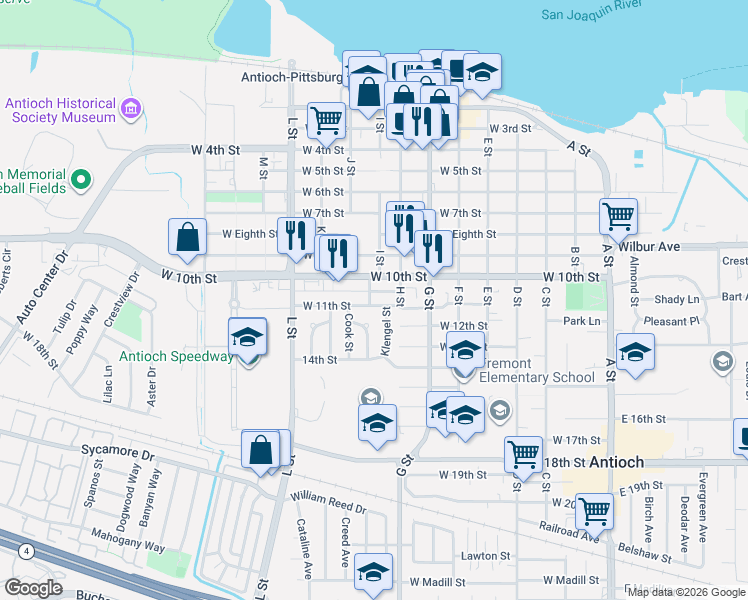 map of restaurants, bars, coffee shops, grocery stores, and more near 722 West 11th Street in Antioch