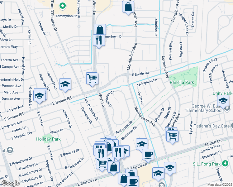map of restaurants, bars, coffee shops, grocery stores, and more near 5834 Saint Thomas Court in Stockton