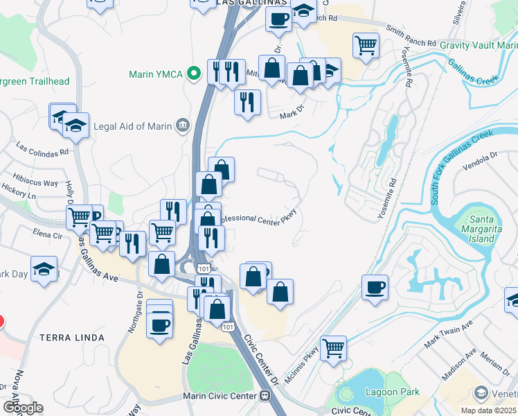 map of restaurants, bars, coffee shops, grocery stores, and more near 99 Professional Center Parkway in San Rafael