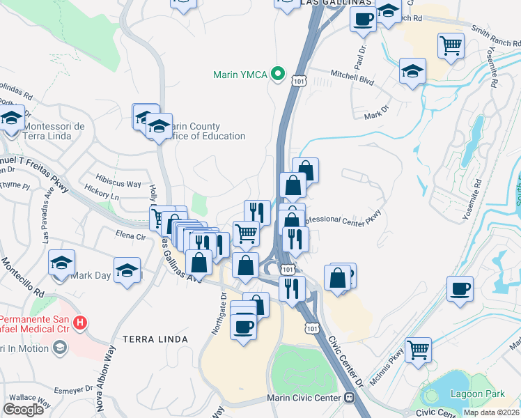 map of restaurants, bars, coffee shops, grocery stores, and more near 1040 Los Gamos Road in San Rafael