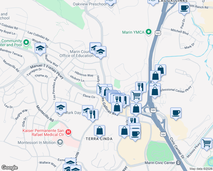 map of restaurants, bars, coffee shops, grocery stores, and more near 1004 Las Gallinas Avenue in San Rafael