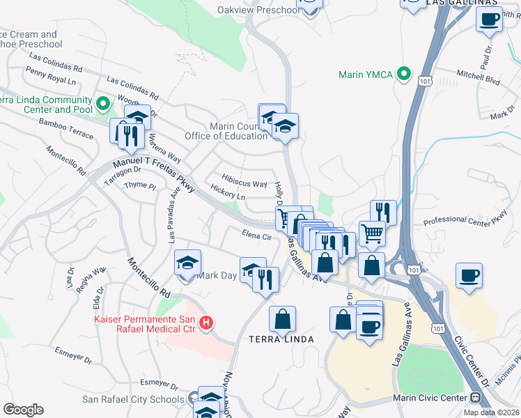 map of restaurants, bars, coffee shops, grocery stores, and more near 365 Hyacinth Way in San Rafael