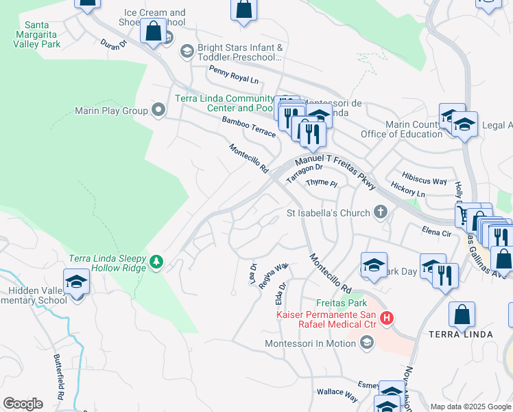 map of restaurants, bars, coffee shops, grocery stores, and more near 104 Surrey Lane in San Rafael