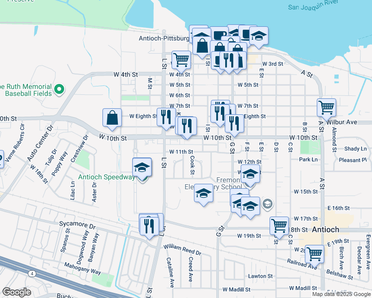 map of restaurants, bars, coffee shops, grocery stores, and more near 832 West 11th Street in Antioch