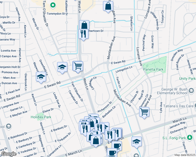 map of restaurants, bars, coffee shops, grocery stores, and more near 5834 Saint Thomas Court in Stockton