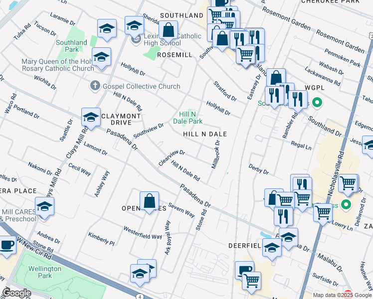 map of restaurants, bars, coffee shops, grocery stores, and more near 286 Clearview Drive in Lexington