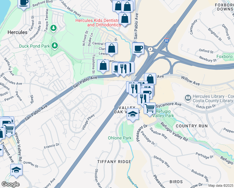 map of restaurants, bars, coffee shops, grocery stores, and more near 1405 Forest Run in Hercules