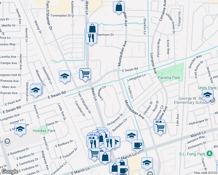 map of restaurants, bars, coffee shops, grocery stores, and more near 5834 Saint Thomas Court in Stockton