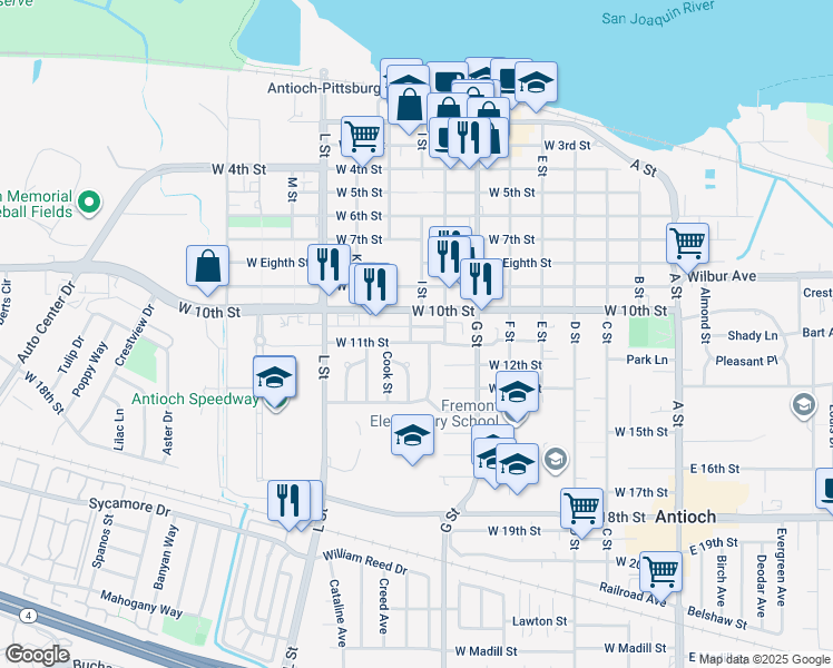 map of restaurants, bars, coffee shops, grocery stores, and more near 722 West 11th Street in Antioch