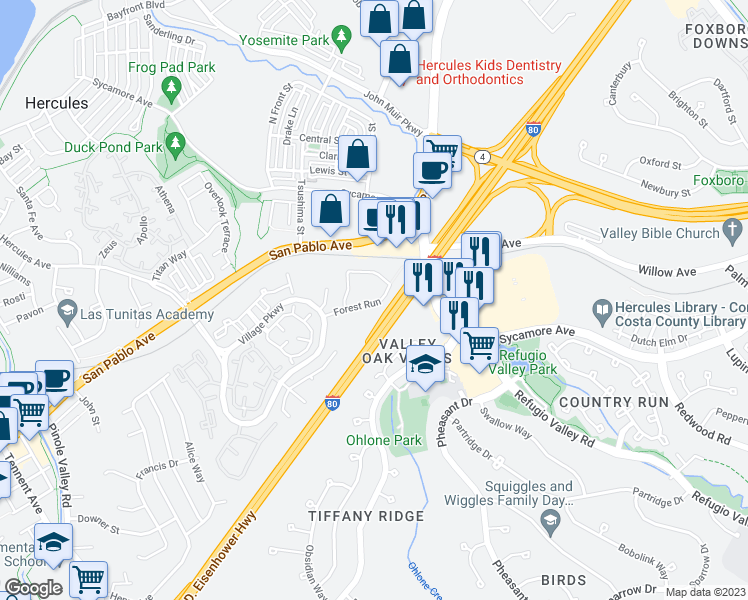 map of restaurants, bars, coffee shops, grocery stores, and more near 1405 Forest Run in Hercules
