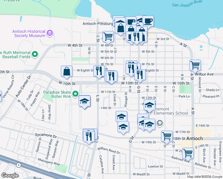 map of restaurants, bars, coffee shops, grocery stores, and more near 832 West 11th Street in Antioch