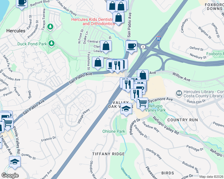 map of restaurants, bars, coffee shops, grocery stores, and more near 1407 Forest Run in Hercules