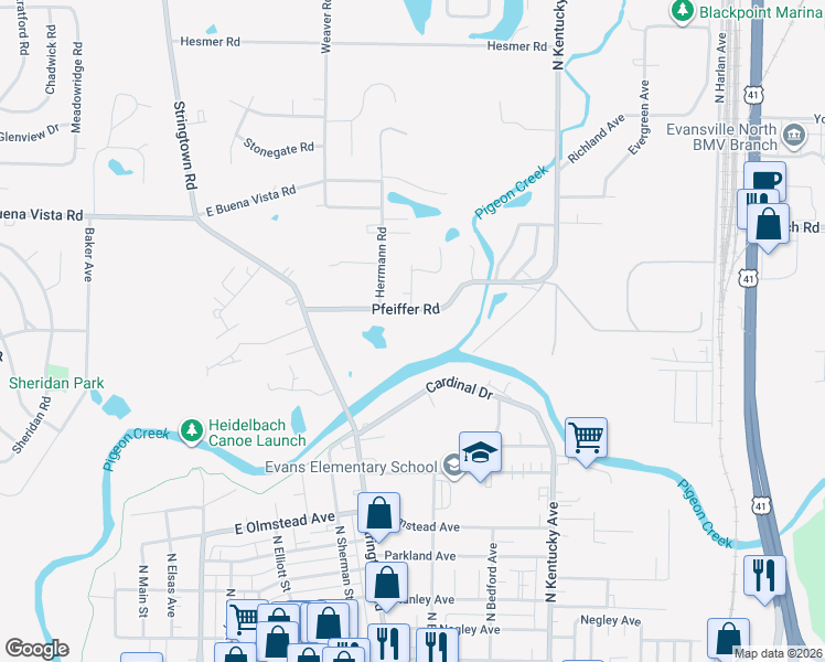 map of restaurants, bars, coffee shops, grocery stores, and more near 601 Pfeiffer Road in Evansville
