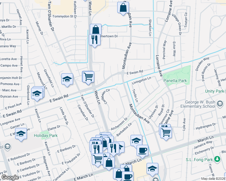 map of restaurants, bars, coffee shops, grocery stores, and more near 5834 Saint Thomas Court in Stockton