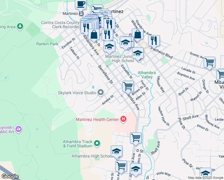 map of restaurants, bars, coffee shops, grocery stores, and more near 215 Arreba Street in Martinez