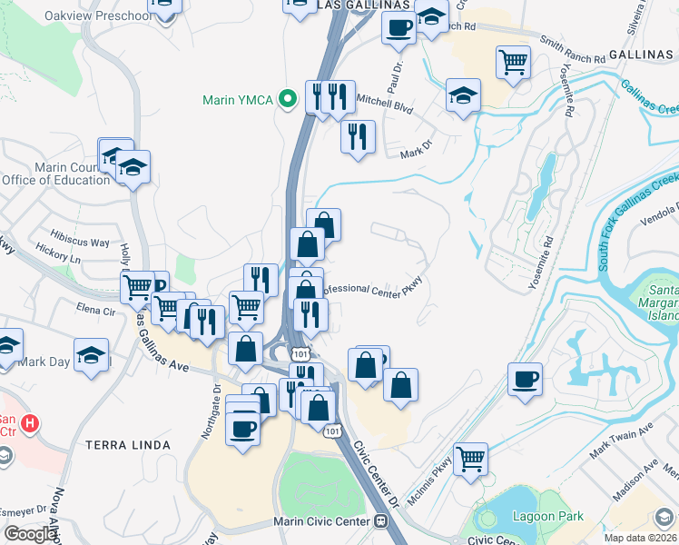 map of restaurants, bars, coffee shops, grocery stores, and more near 55 Professional Center Parkway in San Rafael