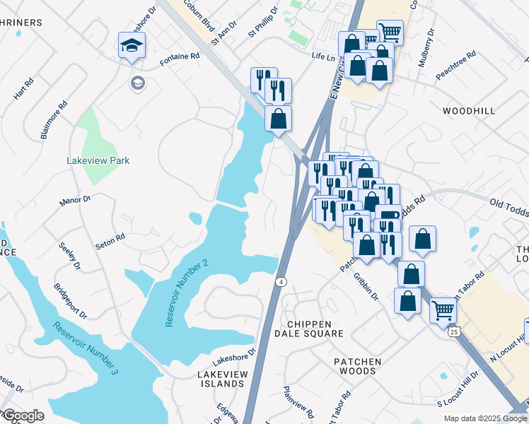 map of restaurants, bars, coffee shops, grocery stores, and more near 2412 Lake Park Road in Lexington