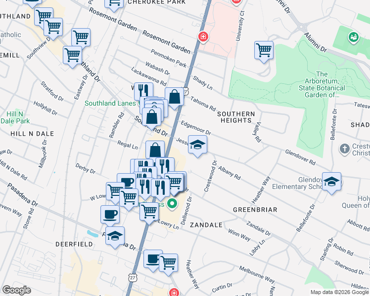 map of restaurants, bars, coffee shops, grocery stores, and more near 2130 Nicholasville Road in Lexington