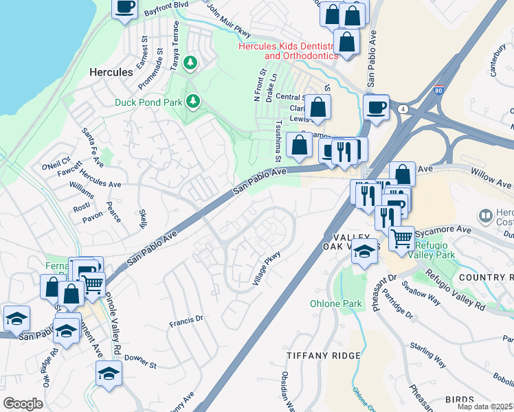 map of restaurants, bars, coffee shops, grocery stores, and more near 806 Devonwood in Hercules