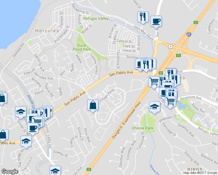 map of restaurants, bars, coffee shops, grocery stores, and more near 806 Devonwood in Hercules