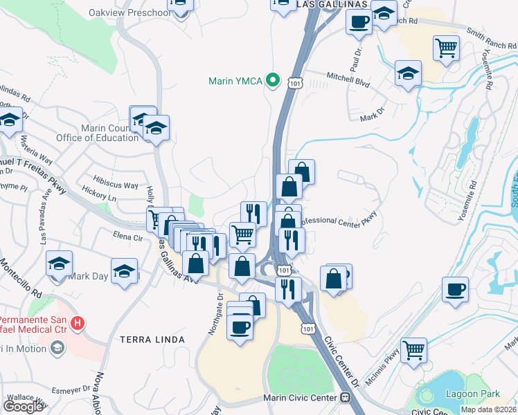 map of restaurants, bars, coffee shops, grocery stores, and more near 1040 Los Gamos Road in San Rafael
